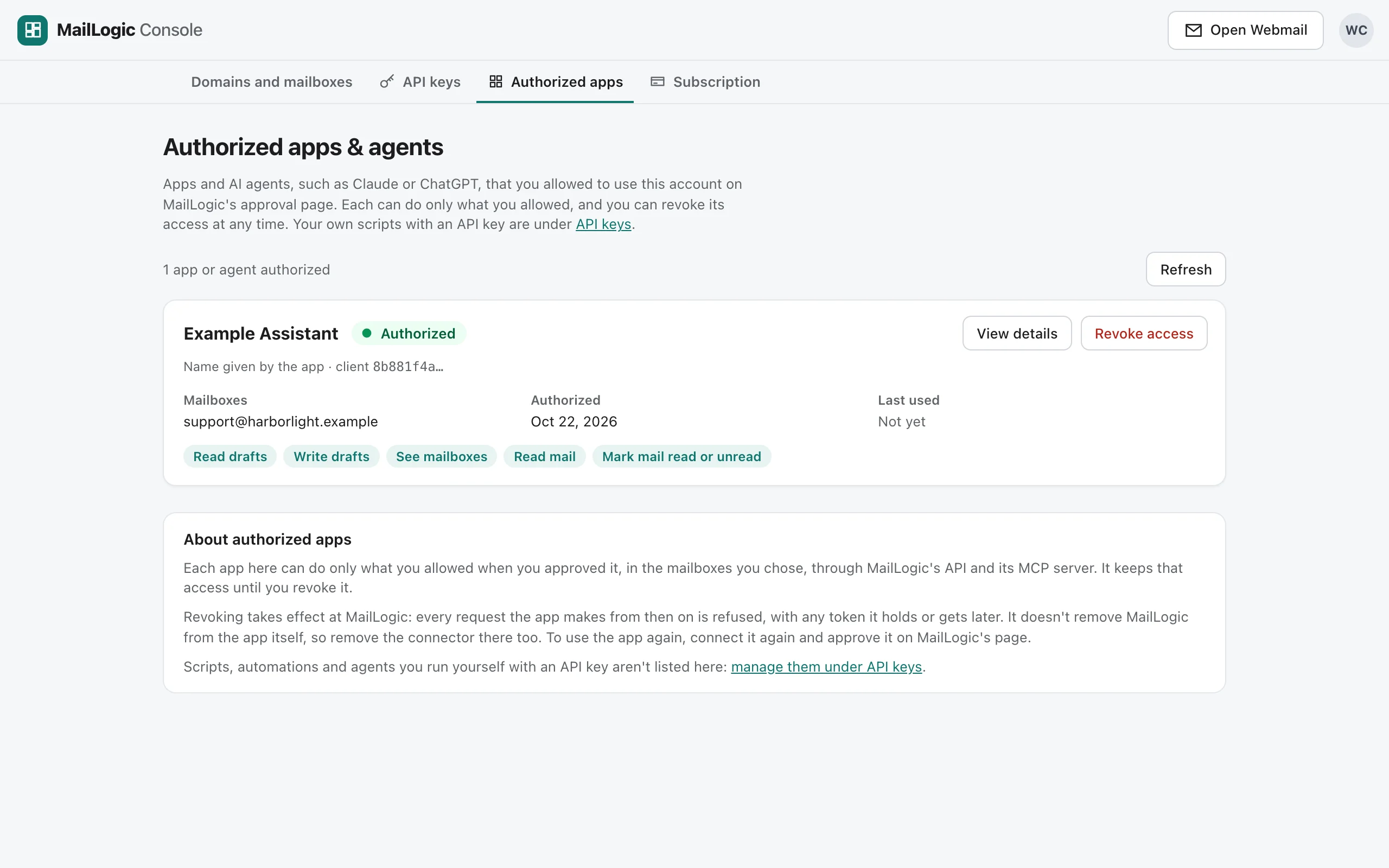 The Box Console's Authorized apps page listing one app, Example Assistant, with its permissions shown as labels, the one mailbox it may use, when it was last used, and View details and Revoke access buttons.