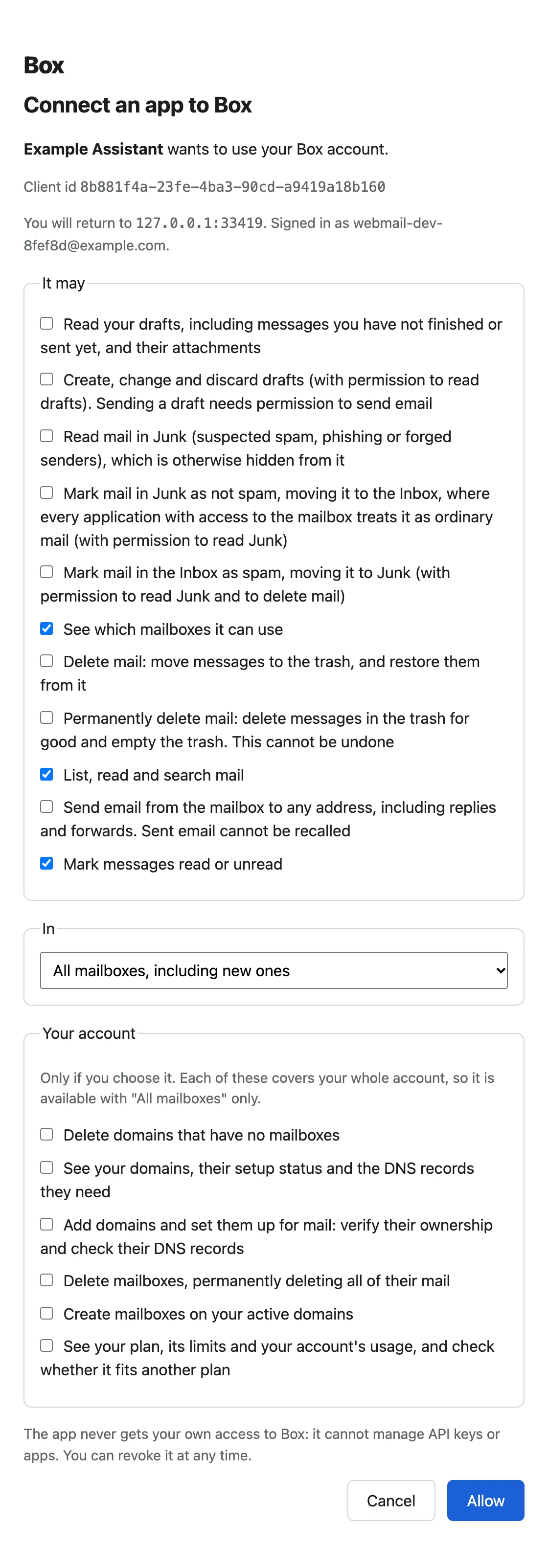 Box's consent page for an app named Example Assistant: the mailbox permissions as checkboxes, with seeing mailboxes, reading mail and marking it read or unread ticked and sending, drafts, deleting and Junk unticked, a mailbox menu set to all mailboxes, the account-wide permissions unticked, and Cancel and Allow buttons.